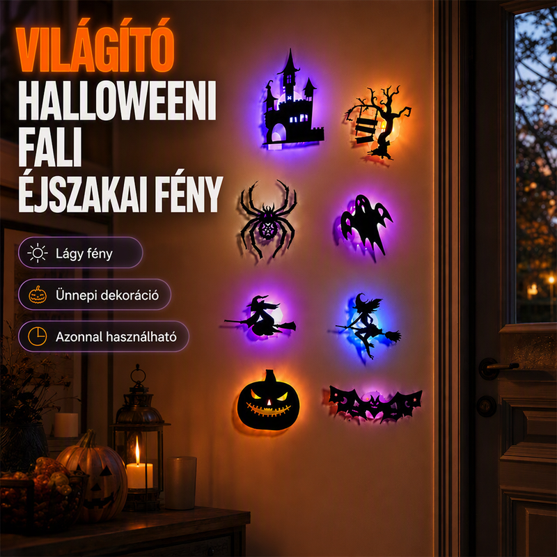 🎃 Most 50% kedvezménnyel! Halloween-i, sötétben világító falmatricák – 3D-s sziluettek, öntapadósak és sötétben világítanak – kiválóan alkalmasak bulikra, hálószobákba és előszobákba 🦇✨