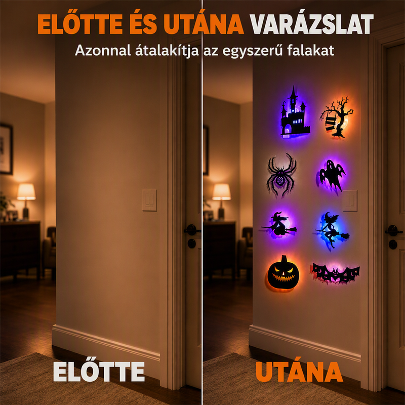 🎃 Most 50% kedvezménnyel! Halloween-i, sötétben világító falmatricák – 3D-s sziluettek, öntapadósak és sötétben világítanak – kiválóan alkalmasak bulikra, hálószobákba és előszobákba 🦇✨