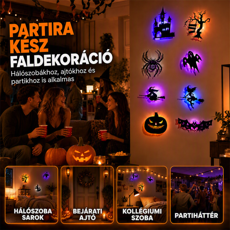 🎃 Most 50% kedvezménnyel! Halloween-i, sötétben világító falmatricák – 3D-s sziluettek, öntapadósak és sötétben világítanak – kiválóan alkalmasak bulikra, hálószobákba és előszobákba 🦇✨