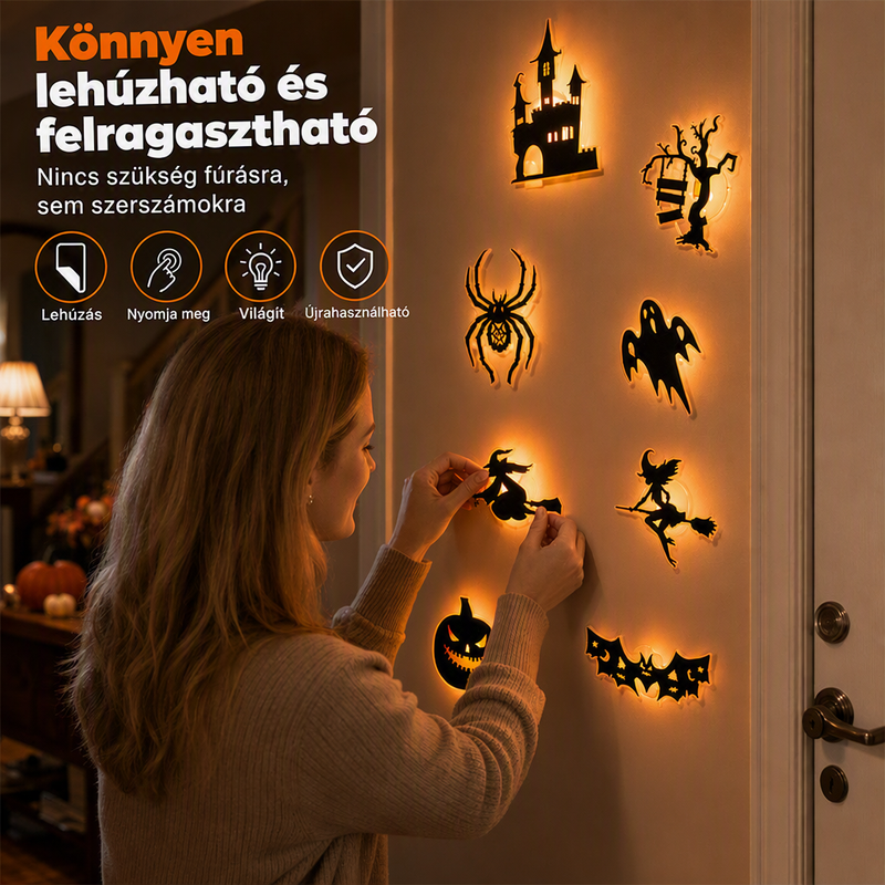 🎃 Most 50% kedvezménnyel! Halloween-i, sötétben világító falmatricák – 3D-s sziluettek, öntapadósak és sötétben világítanak – kiválóan alkalmasak bulikra, hálószobákba és előszobákba 🦇✨